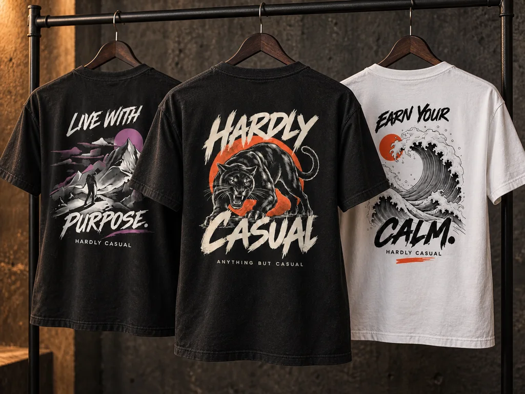 HardlyCasual Panther, Live With Purpose, and Earn Your Calm graphic tees displayed on a clothing rail.